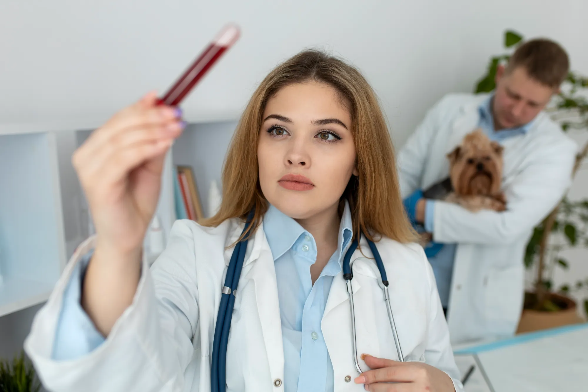 A nurse examining a vile of blood and a doctor and dog in the background